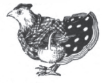 hen wearing a top and a skirt, holding a basket full of eggs.