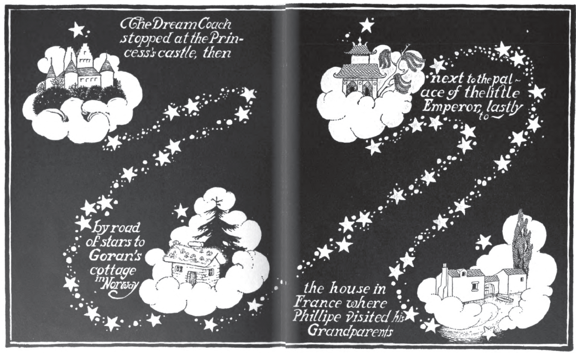  black and white two page spread with castles and homes of all sorts that says,The Dream Coach stopped at the Princess's castle, then by road of stars to Goran's cottage in Norway next to the palace of the little Emperor lastly to the house in France where Phillipe visited his Grandparents