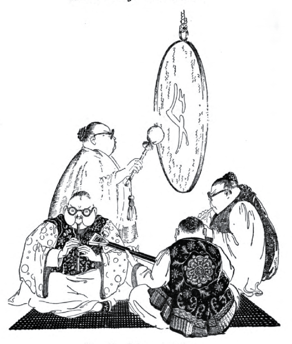 four men playing instruments, two on recorders, one on something stringed, and one on the gong.