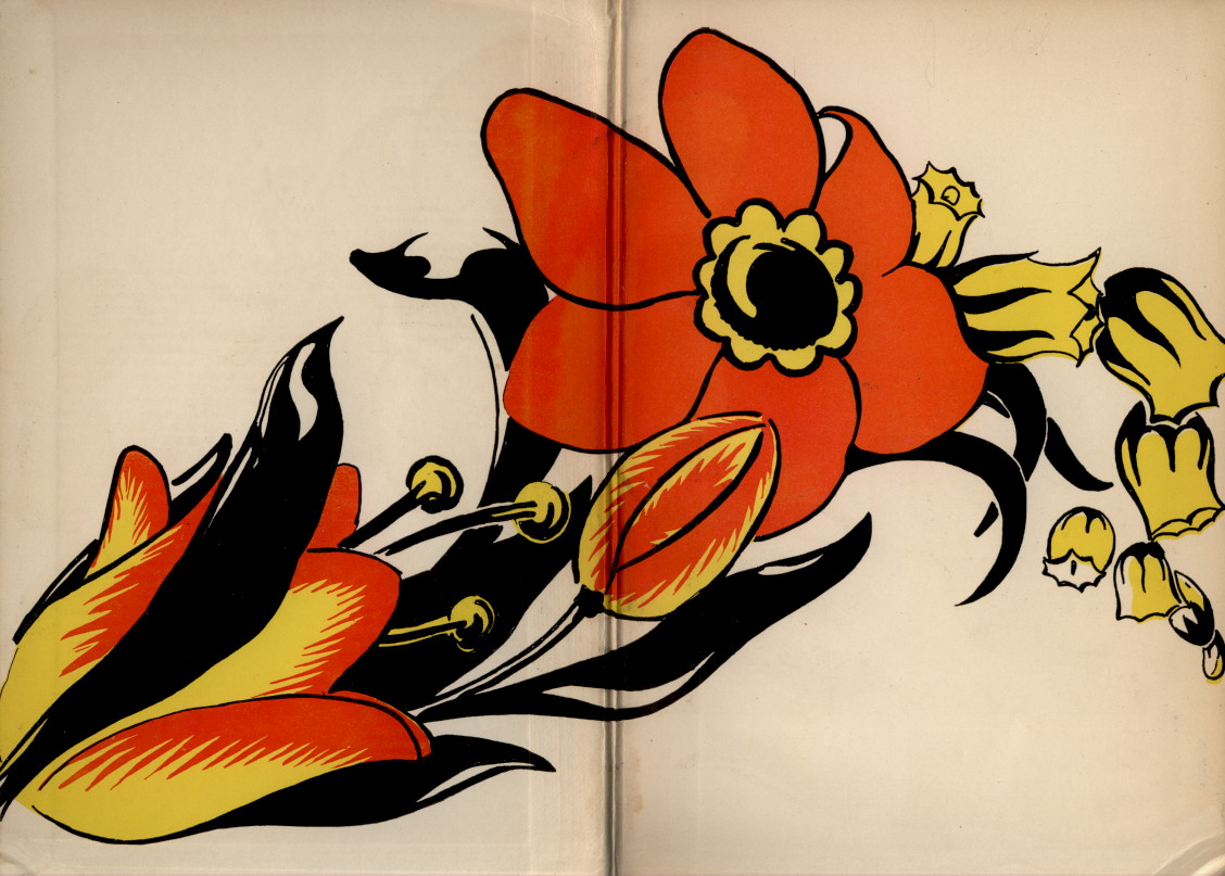 floral endpaper, a large spray of red and yellow flowers spanning the two pages.