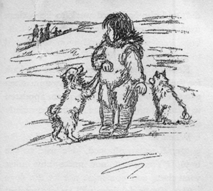girl and puppies watching the hunters leave