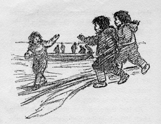 children near long boats on the beach