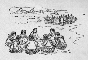 people seated in circles outside
