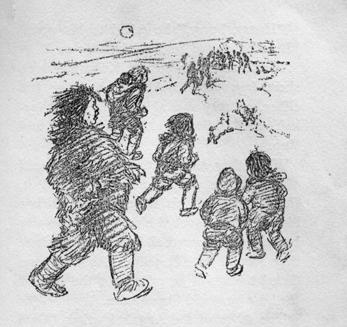 people from the village running toward the bear fight
