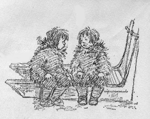 twins sitting on their parents' sledge