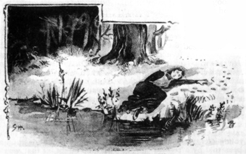 Image of a young woman lying on a streambank, with woods behind her.