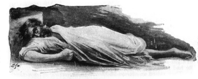 Image of bearded man (old Sandy) lying on a floor, in a nightshirt.