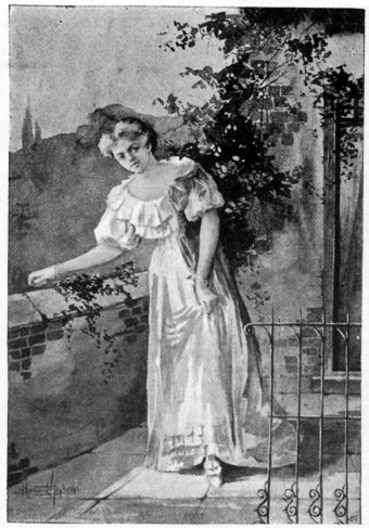 Image of a young woman in a frilly white dress, leaning towards a brick wall, with roses growing up the wall behind her.