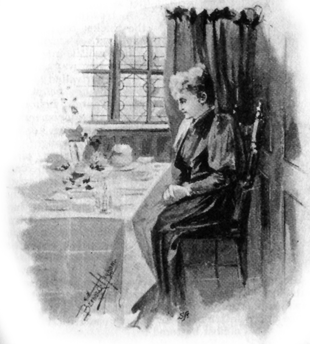 Image of a woman in dark dress (Loveday Brooke), seated at a table with a crisp tablecloth and fancy dishes before her.