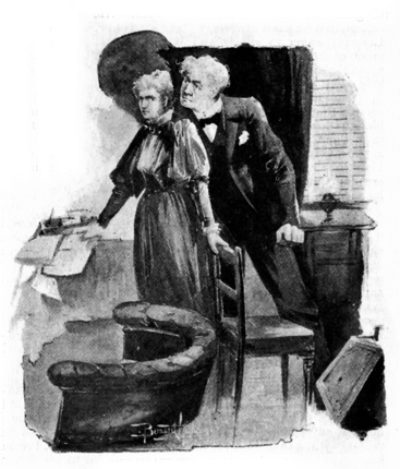 Image of a woman in dark dress (Loveday Brooke) standing in an office. She's glancing over her shoulder angrily as a man with white hair (Mr. Craven) leans over her from behind.