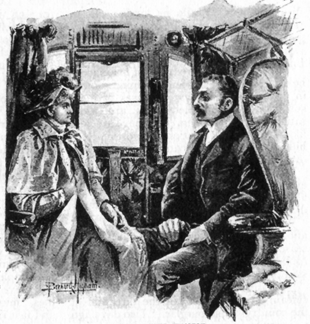 Image of a woman (Loveday Brooke) wearing a hat and a light-colored cape, looking uncomfortable as she sits in a train compartment with a man (Inspector Gunning).