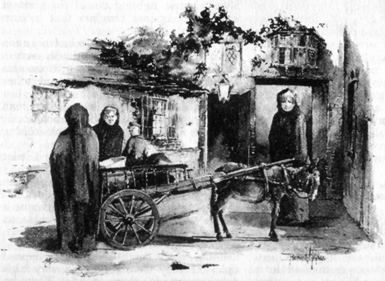 Image of several women wearing dark cloaks, in a courtyard with a donkey cart