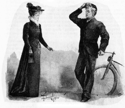 Image of a woman in dark dress and hat, holding a purse (Loveday Brooke), walking towards a young man standing by a bicycle and lifting his cap to her.