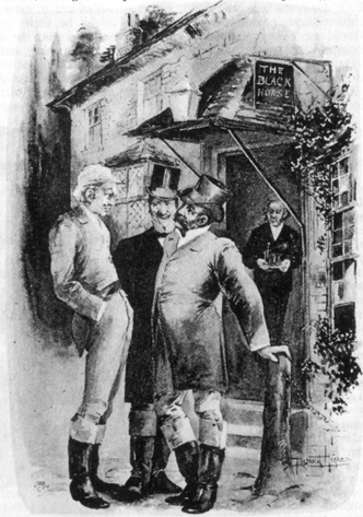 Image of three men standing outside an inn, wearing hunting boots and top hats. A butler is in the open door of the inn, which has a sign that says 