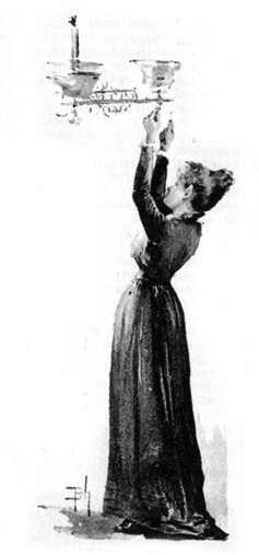 Image of a woman in dark dress (Loveday Brooke) reaching up to light a gas chandelier.