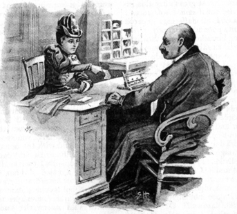 Image of woman in Edwardian dress and hat (Loveday Brooke), seated, handing a paper to a man sitting at the desk (Ebenezer Dyer).