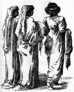 Image of a woman in a  drapey dress (The Princess), walking away, with two servants in white robes behind her.