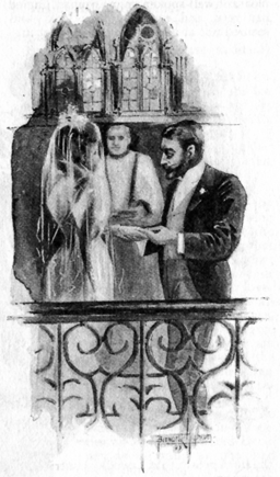 Image of a woman in a long veil, in a church. A man with a beard is holding her hand, and a pastor stands behind them.