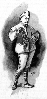 Image of a scowling man (Harry Emmett), holding a piece of fabric, wearing striped socks and knickers with upward arrows on them.