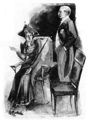 Image of a woman in a black dress (Loveday Brooke), sitting in a chair. She is shifting away and looking angrily at a standing man (Mr. Dyer).
