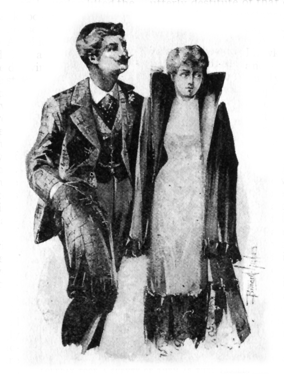 Image of the young man with the waxed moustache (Jack), standing next to the girl in the white dress, who looks uncomfortably off to the side.