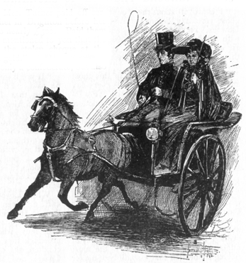 Image of a man in top hat driving a woman in a cape and hat (Mrs. Turner), in a Hansom cab, through the rain.