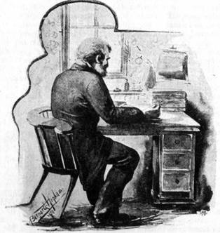 Image of a bearded older man seated at a desk, writing. He's partially turned away from the viewer.