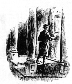 Image of a man on a porch with large pillars. He is reaching out towards the opening front door.