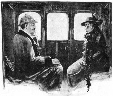 Image of a man with the moustache and deerstalker hat (Ebenezer Dyer), in a train compartment with a woman (Loveday Brooke) wearing a long fur stole.