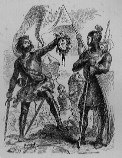 two men in armour, one holding up the severed head of a man. there are other men on horses in the background.