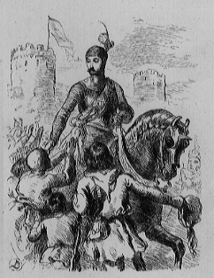 Man on a horse with a castle in the background, a crowd of people on foot surround him and reach up to him.
