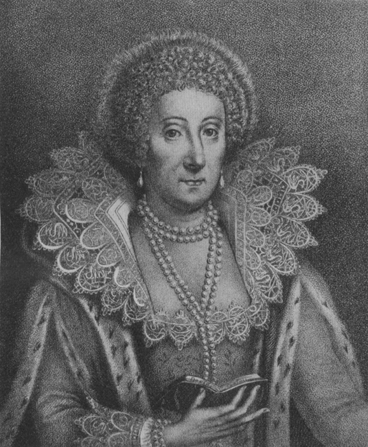woman with curly hair and pearl necklace in dress with ornate lace collar and fur trim holding book