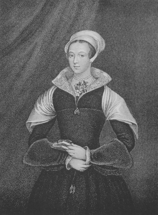 woman in dress with turned-up collar and bonnet holding book