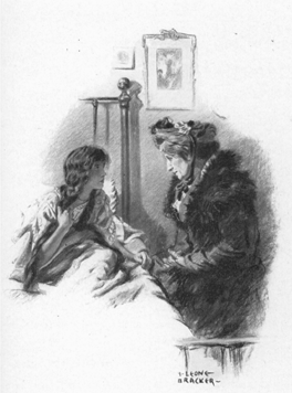 girl sitting up in bed holding the hand of a woman