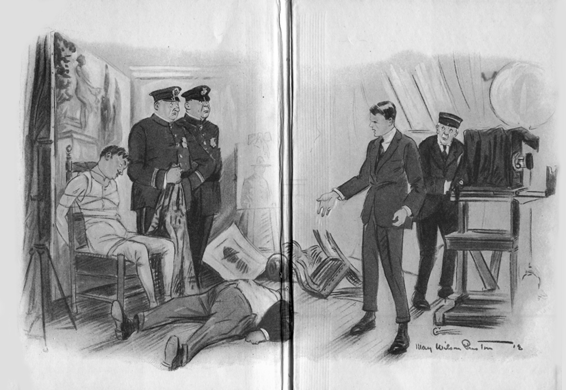 Two page spread of the scene of a room with one man on the floor, another tied to a chair passed out, two officers, and a man in a suit.