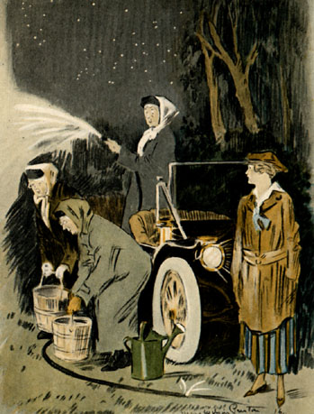 Women outside at night with buckets and a hose.
