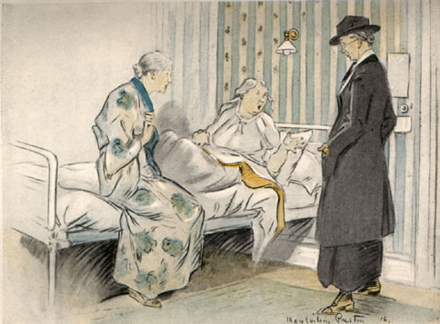 Three ladies in a bedroom, one in bed, one in a robe, and Tish fully dresed in her hat and coat.