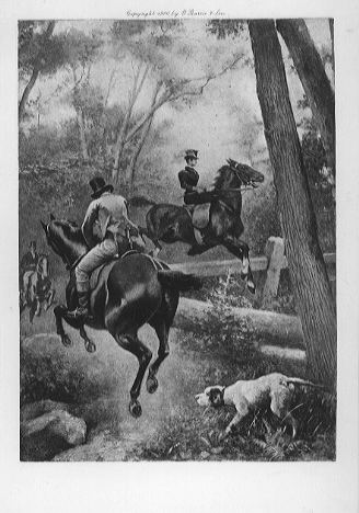 People on horses riding fast and jumping over a fence.