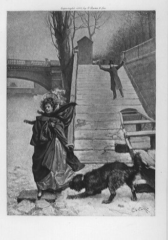 Woman standing at the foot of some outdoor stairs, a dog pulling at the hem of her long skirt. There is a man in the background with his arms in the air, descending the stairs towards her.