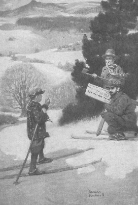  Two men and a boy standing outside in the snow.
