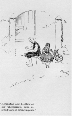Man and girl sitting outside eating.