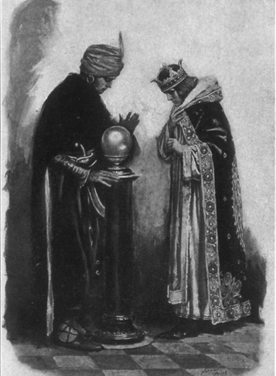 King bowing before man with turban looing into a ball.