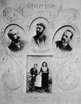 Picture frame with three portraits of different men at the top and a picture of a woman and two children at the bottom.