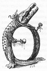 O (illustrated letter) a crocodile beating a drum