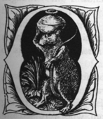 O (illustrated letter) a rat walking upright, holding a bowl on its head)