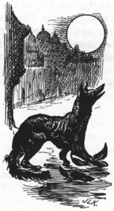 O (illustrated letter) starving jackal under a full moon