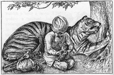 Boy holding tiger's paw to remove thorn; Tiger braces his other paw against a tree.