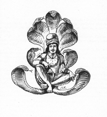 seated man surrounded by snakes