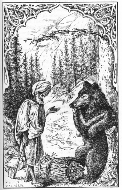 man gathering wood, talking with a bear