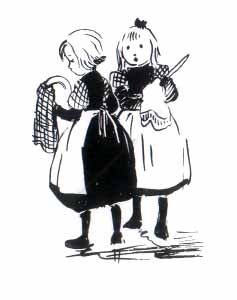 Two girls drying dishes.
